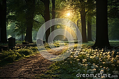 An evocative picture of a serene landscape within a cemetery, with soft sunlight filtering through the trees, signifying the Stock Photo