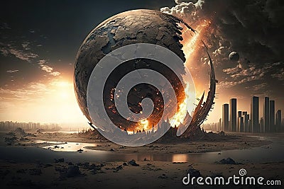 An artificial planet that fell on a metropolis and was broken Stock Photo