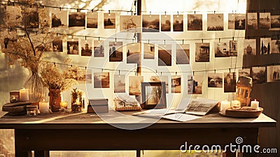 Nostalgic memories: Photo album photos hanging on display Stock Photo