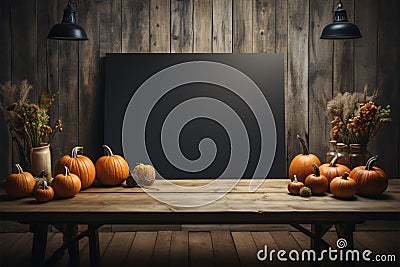 Evoke Halloween with pumpkin themed tabletop decor and mock up frame Stock Photo