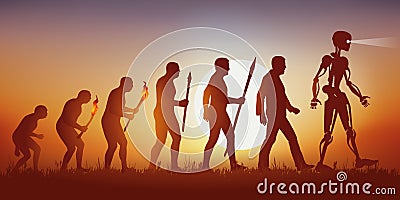 Theory of the evolution of Darwinâ€™s human silhouette ending in the robot with artificial intelligence. Stock Photo