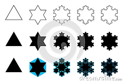 Evolution of a Koch snowflake, a fractal curve, first five iterations Vector Illustration