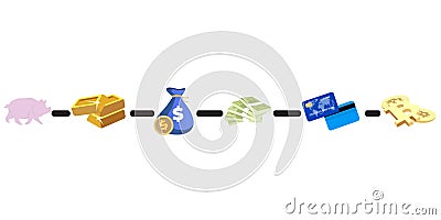 Evolution money cash development, from exchange to card Vector Illustration