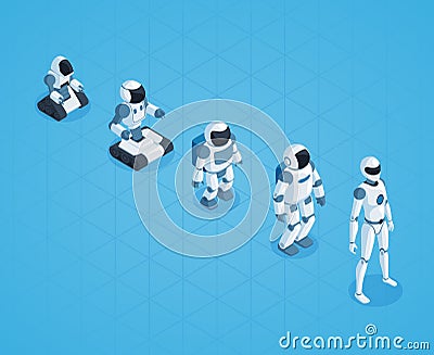 Evolution Of Robots Isometric Design Vector Illustration