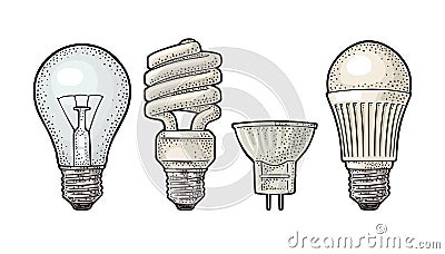 Evolution type electric lamp. Incandescent bulb, halogen, cfl and led. Vector Illustration