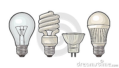 Evolution type electric lamp. Incandescent bulb, halogen, cfl and led. Vector Illustration