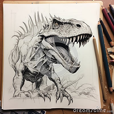 Evolutionary Sketch, Dynamic Dinosaur in Progress Stock Photo