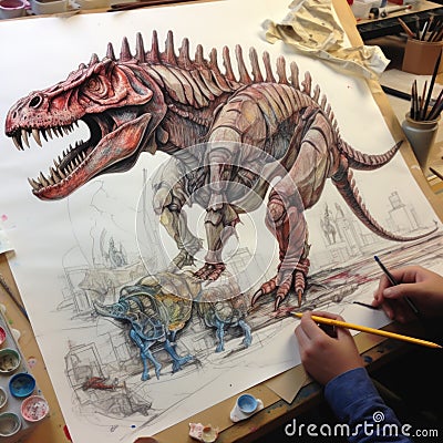 Evolutionary Sketch, Dynamic Dinosaur in Progress Stock Photo