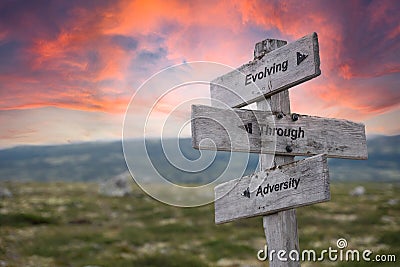 evolving through adversity text engraved in wooden signpost outdoors in nature during sunset Stock Photo