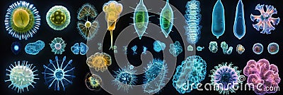 Evolving bacteria show various forms and structures captured in a colorful sequence on a dark background. Generative AI Stock Photo