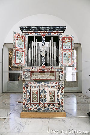 Vintage organ exhibited at the Sacred Art Museum of Evora Editorial Stock Photo