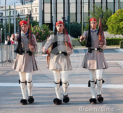 Evzones soldiers marching in Athens, Greece Editorial Stock Photo