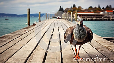 Exaggerated Nobility: A Gray Brown Bird On An Old Pier Stock Photo