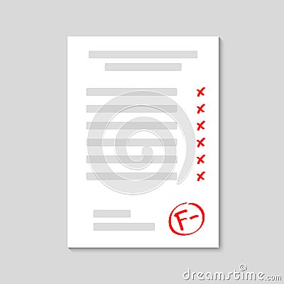 Exam. Examination sheet. Fail. Grade result F-. Hand drawn vector grade with minus in circle. Flat illustration Vector Illustration