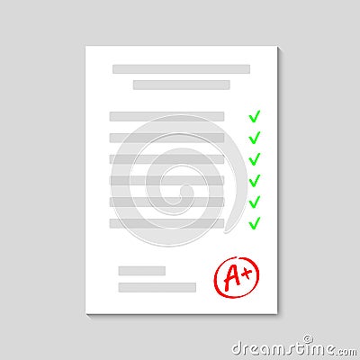 Exam. Examination sheet. Grade result A . Hand drawn vector grade with plus in circle frame. Vector Vector Illustration