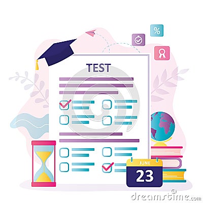 Exam form with questions. Test sheet with check marks. Test to test students knowledge Vector Illustration