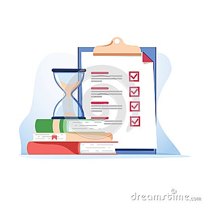 Exam preparation school test. Examination concept checklist and Cartoon Illustration