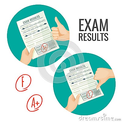 Exam results with excellent and unsatisfactory grades Vector Illustration