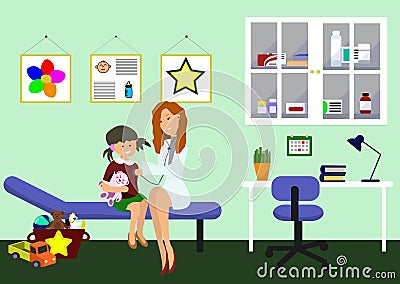 Examination by Pediatrician. Pediatric Department in Hospital with Woman Doctor and girl during Examination. Doctor and Vector Illustration