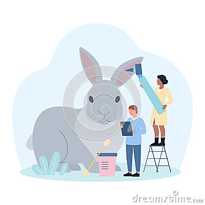 Examination of rabbit by veterinarian, tiny doctors check ear of pet with otoscope Vector Illustration