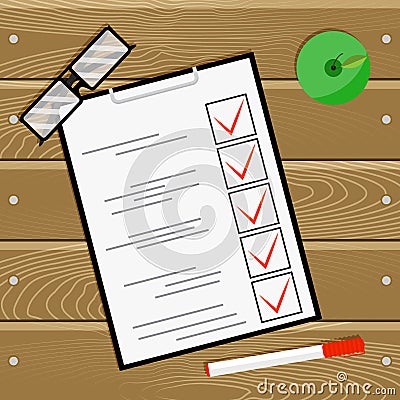 Examination test questionnaire on wooden table Vector Illustration