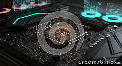 Examining Computer Motherboard with Processor Socket and Glowing Elements Cartoon Illustration