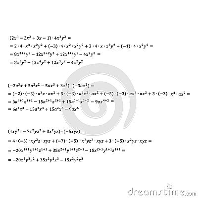Example of algebraic problem of opening brackets multiplication of polynomials multiplication of degrees vector Vector Illustration