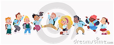 Group of happy multiracial kid students in uniform jumping isolated. Vector Illustration