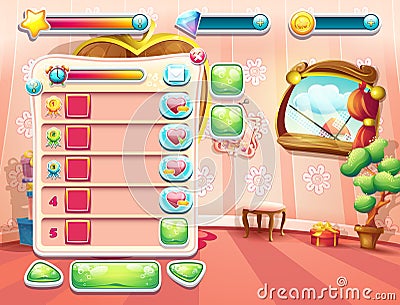An example of one of the screens of the computer game with a loading background bedroom princess, user interface and various Vector Illustration