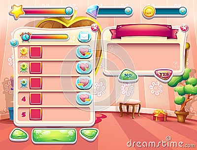 An example of one of the screens of the computer game with a loading background bedroom princess, user interface and various Vector Illustration