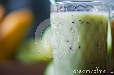 An example of a photo of healthy regular food. Fruit in the form of smoothies, drinkable in glasses Stock Photo
