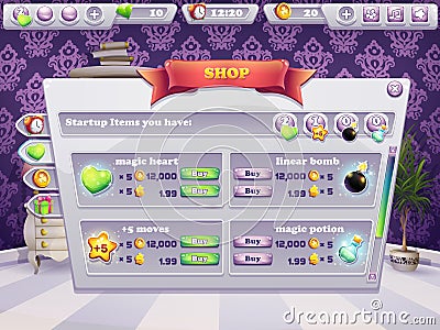 Example of shop window for a computer game. Selling items, boosters Vector Illustration