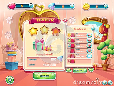 Example of the user interface of a computer game. Window complete a level. Vector Illustration