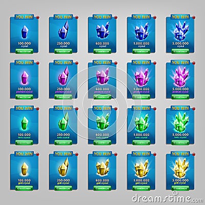 Example of a user interface for a computer game. Window receiving the award of minerals. Vector Illustration