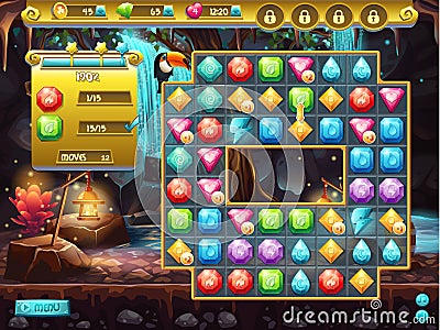 Example of the user interface and the playing field for a computer game three in a row. treasure hunt Vector Illustration