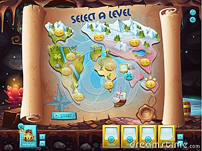 Example of the user interface to select the level to play treasure hunt Vector Illustration