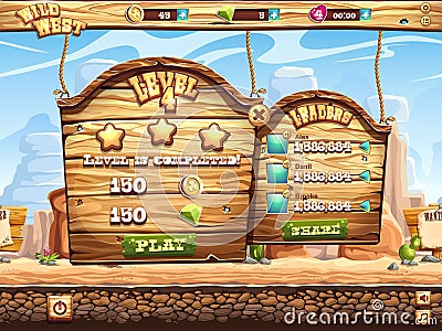 Example of window complete the level and receive awards for playing Wild West Vector Illustration