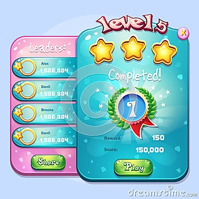 Example of the window level completion for a computer game in cartoon style Vector Illustration