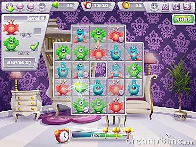 Example of the window of the playing field and the interface computer game monsters and Web Design Vector Illustration