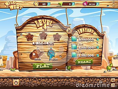 Example of window to pass the task level in game Wild West Vector Illustration