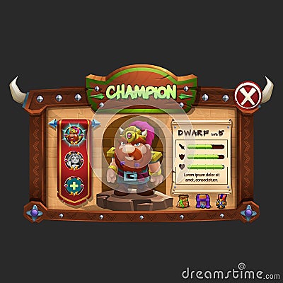 Example of wooden board user interface of game. Window Champions for choice character. Vector Illustration
