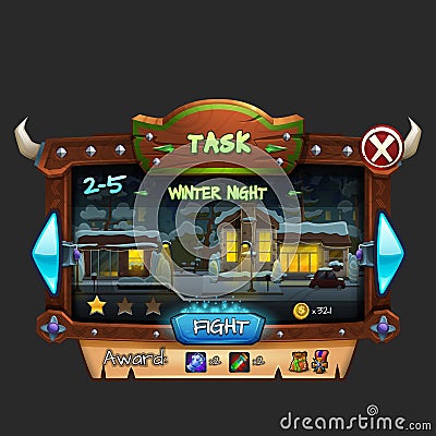 Example of wooden board user interface of game. Window level choice. Vector Illustration