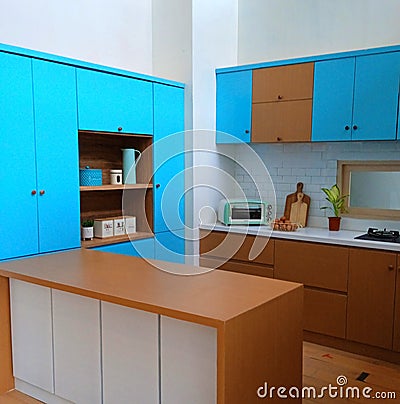 examples of kitchen designs in a minimalist room with cheerful colors Stock Photo