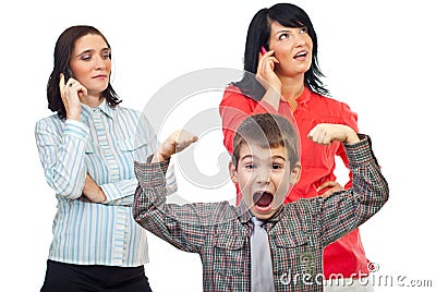 Exasperated child shout about women on phone Stock Photo