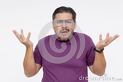 An exasperated man throws his hands up, frustrated at the shortcomings and problems. Bewildered at someones ineptness. Isolated on Stock Photo