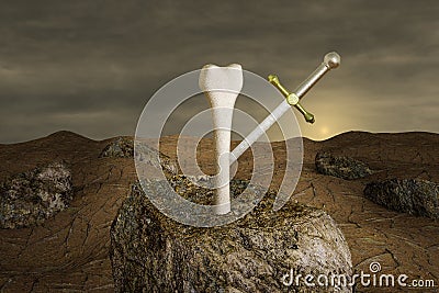 Excalibur in a human thigh bone on stone at sunset day. Strong bones and healthy human bone or Osteoporosis world day or Stock Photo