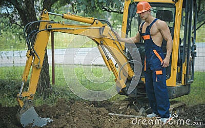 Excavation concept. Man operated excavator for ground excavation. Digger operator work on excavation site. Excavation Stock Photo