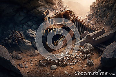 excavation site with bones, claws, and teeth of various dinosaurs exposed Stock Photo