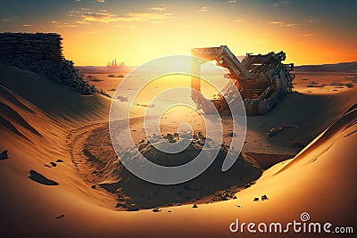 excavation site at sunrise, with the sun illuminating the sky and sand Stock Photo