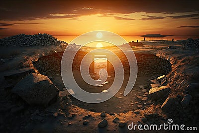 excavations site at sunrise, with the sun rising over the horizon Stock Photo